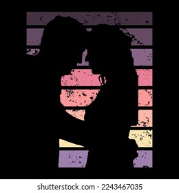 Vector Illustration Couple Silhouette Retro Sunset