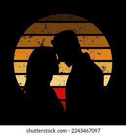 Vector Illustration Couple Silhouette Retro Sunset