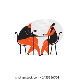 Vector illustration of couple sitting in cafe and drinking coffee.