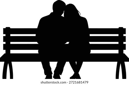 Vector illustration of a couple sitting close together on a park bench seen from behind representing romance, dating, intimacy, and partnership isolated on white background