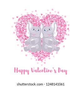 Vector illustration of a couple of sitting happy grey elephants against the big glitter pink Heart isolated on the white background. Text Happy Valentines Day.