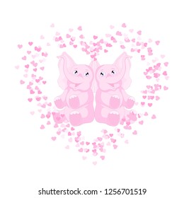 Vector illustration of a couple of sitting happy pink elephants among the little Hearts isolated on the white background. 