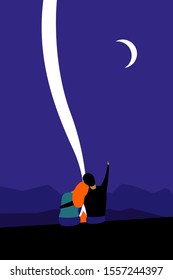 Vector illustration of a couple sitting at night by the bonfire under the moon