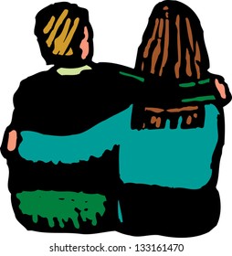 Vector illustration of couple sitting on ground with arms around each other