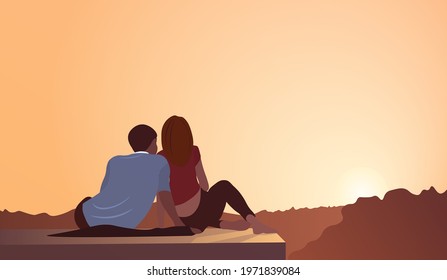 Vector illustration of a couple sitting on a cliff and looking at the setting sun