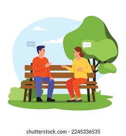 Vector illustration couple sitting on a bench. Cartoon scene with a guy and girl sitting on a park bench and talking on white background.