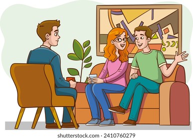 vector illustration of a Couple Sitting on Couch and Talking to a Psychologist