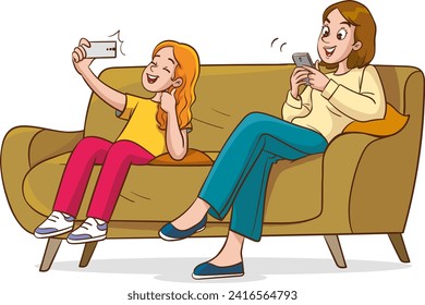 Vector illustration of a couple sitting on the couch, using mobile phone and laptop.Social media and internet addiction