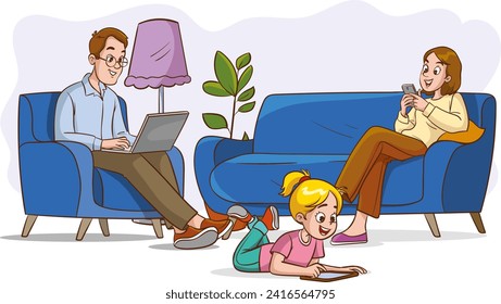 Vector illustration of a couple sitting on the couch, using mobile phone and laptop.Social media and internet addiction