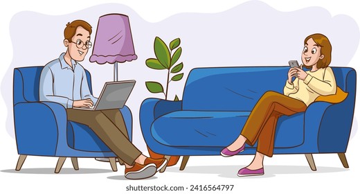 Vector illustration of a couple sitting on the couch, using mobile phone and laptop.Social media and internet addiction