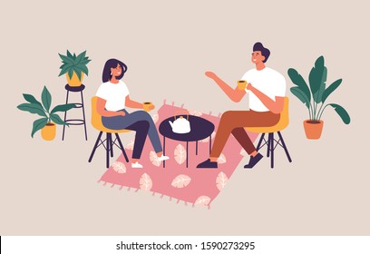 Vector illustration couple sitting at the table, drinking tea or coffee and talking. Romantic date in a cafe