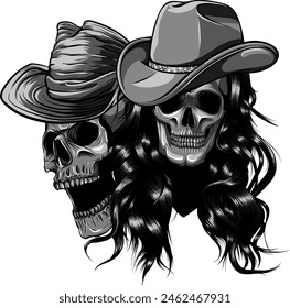 vector illustration of couple Skulls cowboy monochrome on white background