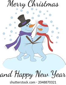 vector illustration of a couple of snowmen dancing a tango. A creative postcard or a print on clothes. merry Christmas and a happy new year