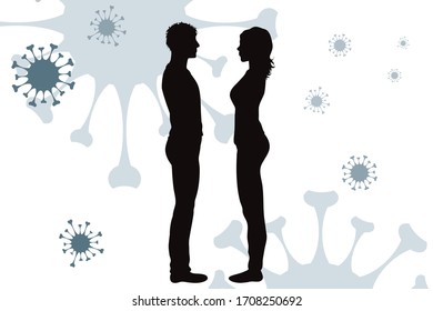 Vector illustration of couple with spreading virus sign in air. Symbol of disease and coronavirus.