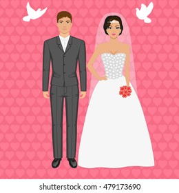 Vector illustration of a couple standing on the background of flying pigeons. Wedding concept. Bride and groom. Man and woman in a wedding dress.