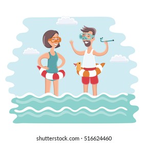 Vector illustration of couple standing in sea water with diving mask on their faces and diving tube in theirs hands