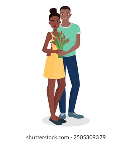 Vector illustration of a couple standing together with flowers, symbolizing romance and affection.