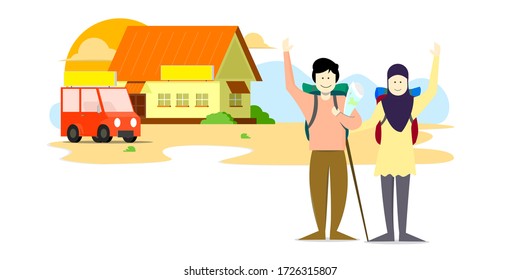 Imagen vectorial de una pareja de pie ondeando la mano frente a la casa y el auto | EPS 10