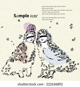 Vector illustration a couple of strange birds with human faces. Blindfold. Background with a mysterious bird in a decorative cartoon style. Art image for cover and card. Blind love.