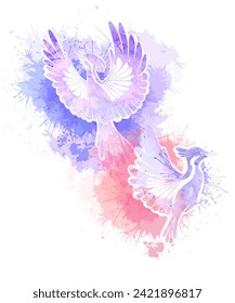 Vector illustration of couple of stylized birds with watercolor splashes on a white background. Painting of the silhouette of a flying birds family. Image for stickers, sublimation and your design