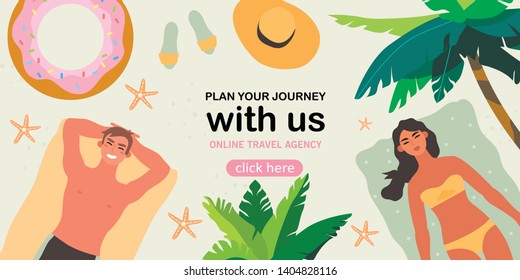 Vector illustration of a couple sunbathing on a beach near the sea under the palm tree. Exotic vacation on a tropic island. Summer banner, flyer or landing page for a tour operator or travel agency. 