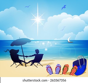 A vector illustration of a couple sunbathing on the beach