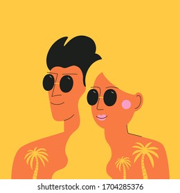 Ilustración vectorial con pareja en gafas de sol. Hombre y mujer con palmas amarillas. Afiche de vacaciones abstracto con gente