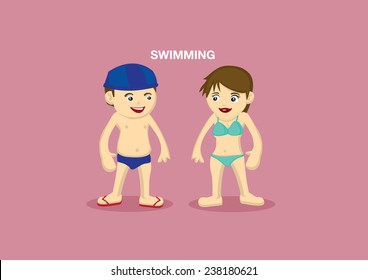 Vector illustration of a couple in swim brief and bikini in cartoon style isolated on pink background for swimming theme. 