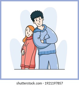 vector illustration. a couple taking a photo. matching pair. a perfect match.  a couple wearing the same jacket. flat cartoon style. other style