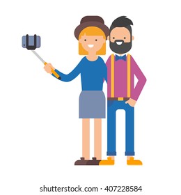 Vector illustration of a couple taking selfie on a smartphone using a monopod