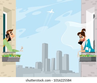 Vector illustration of couple talking on phones