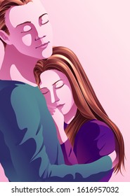 A vector illustration of a couple that the man is embracing his girlfriend with love which makes the woman feel safe.