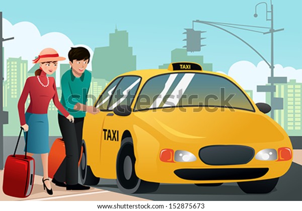 A vector illustration of couple of tourists calling a\
taxi cab