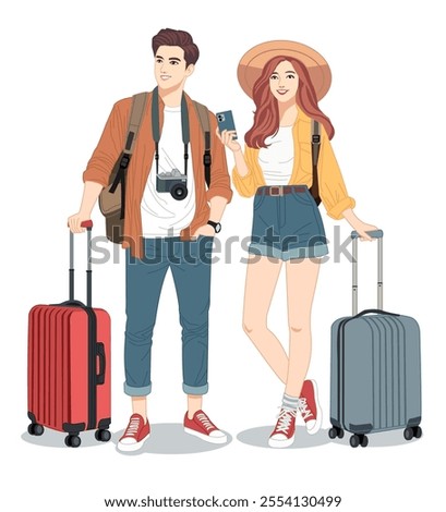 vector illustration of a couple of tourists with camera and travel suitcase on white background