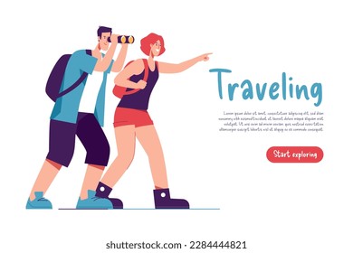 Vector illustration of a couple of tourists travelers with backpacks looking far away.