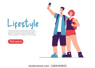 Vector illustration of a couple of tourists travelers with backpacks taking selfie.