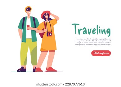 Vector illustration of a couple of tourists travelers with backpacks.