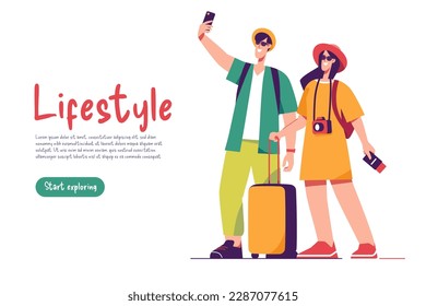 Vector illustration of a couple of tourists travelers with backpacks and suitcase taking selfie.