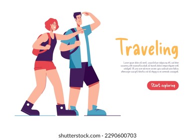 Vector illustration of a couple of tourists travelers with backpacks looking far away.