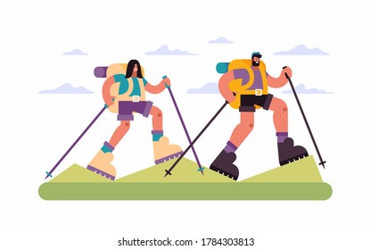 Vector illustration of couple of travelers with sticks and backpacks walking in hilly terrain against cloudy sky during trip through countryside