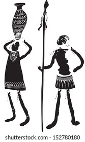 Vector  illustration of a couple of tribal african people in black and white graphic style