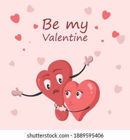 Vector illustration of Couple with two loving hearts are hugging. Be my Valentine. Suitable for banner, greeting card, invitation on event, web, poster, flyer, brochure, print.
