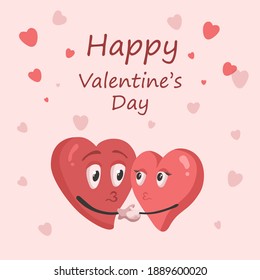 Ilustración vectorial de Pareja con dos corazones amorosos están abrazando y besando. Feliz Día de San Valentín. Adecuado para banner, tarjeta de saludo, invitación a evento, web, afiche, volante, folleto, impresión.