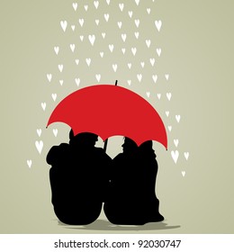 Vector illustration of a couple under umbrella on hearts shapes rainy background for Valentines Day and other occasions.