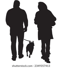 Vector illustration couple walking with the dog silhouette isolated on white background
