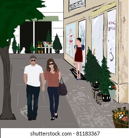 Vector illustration of a couple walking on the street.