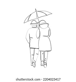 Vector illustration of a couple walking in the rain drawn in line-art style