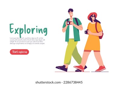 Imagen vectorial de un par de turistas caminando con mochilas tomando fotos.