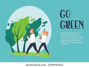A vector illustration of a couple walking with a tree and a shovel, promoting tree planting and environmental responsibility.
