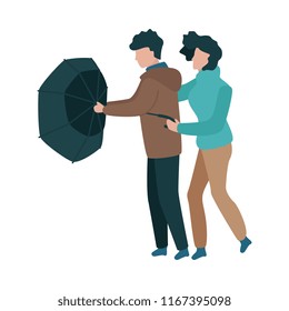 Vector illustration of couple walking under umbrella in flat style isolated on white background. Young male and female characters holding parasol that is pulling out by strong wind.